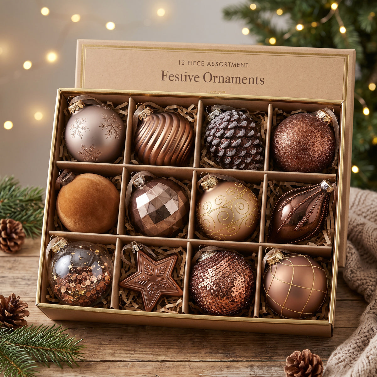 12-Piece Assorted Bronze, Copper, and Brown Luxury Shatterproof Holiday Ornament Set Christmas Decor