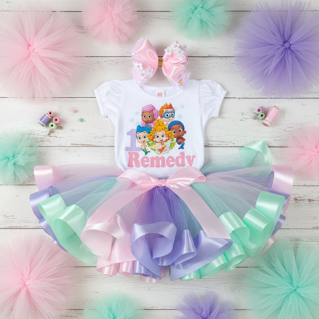Bubble Guppies Tutu Set Girls Personalized Custom Pink Purple Aqua Blue Ribbon Sewn Trim Tutu Outfit Dress Theme Cake Smash Birthday Party