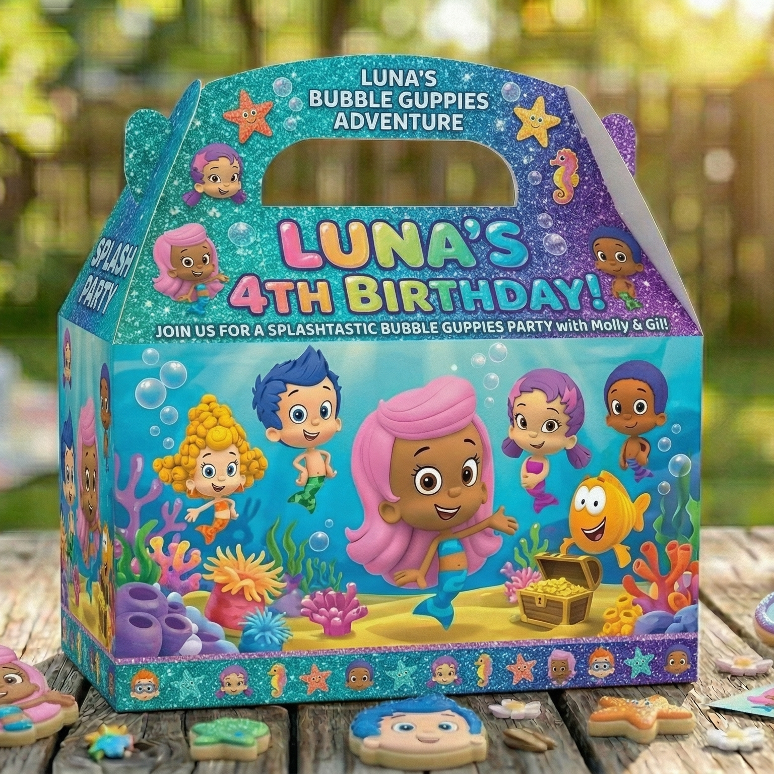 (Pack of 6) Bubble Guppies Custom Personalized Birthday Party Favor Gable Treat Boxes