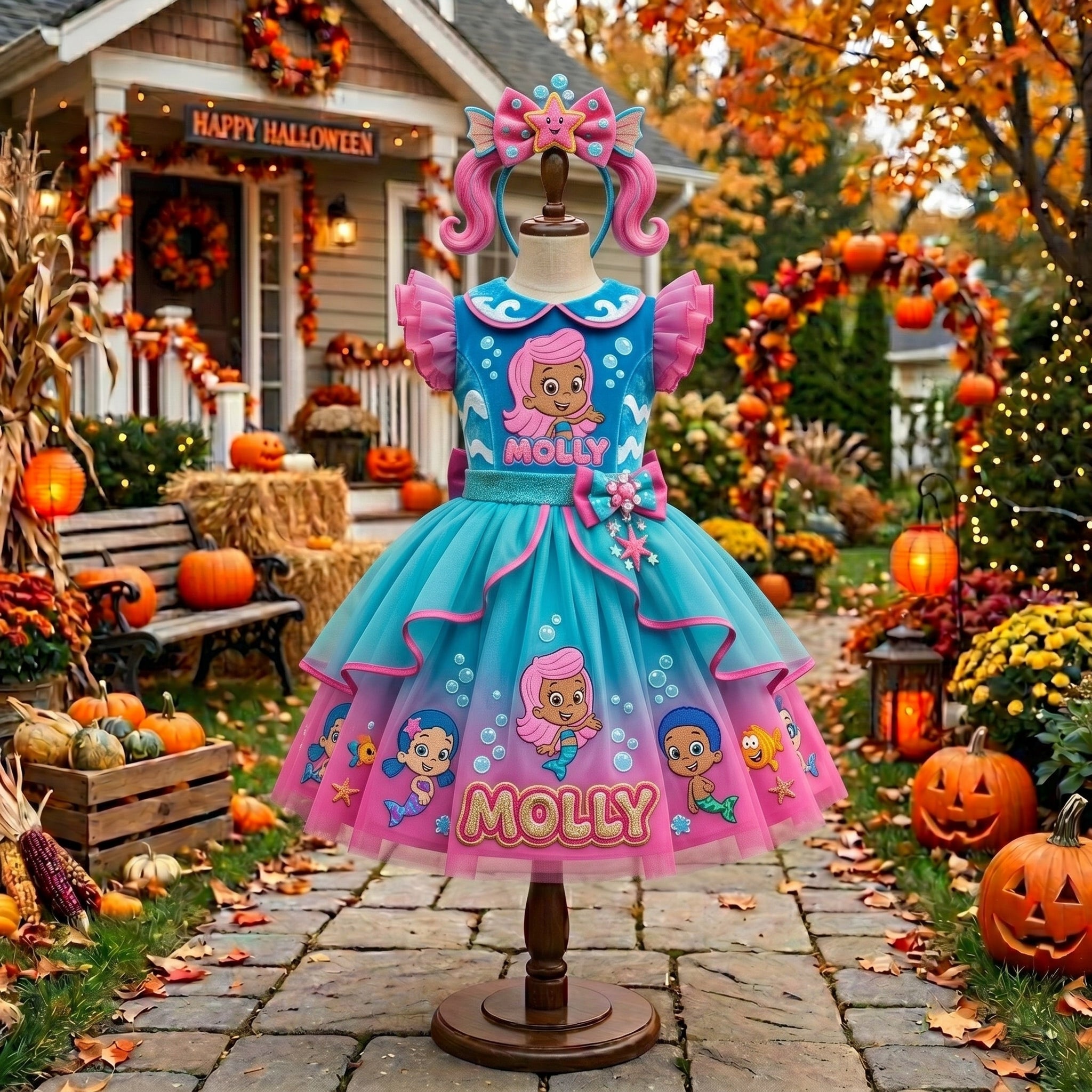 Bubble Guppies Molly Girls' Deluxe Sparkle Tutu Party Costume Dress Set with Matching Headband Halloween Birthday Pageant