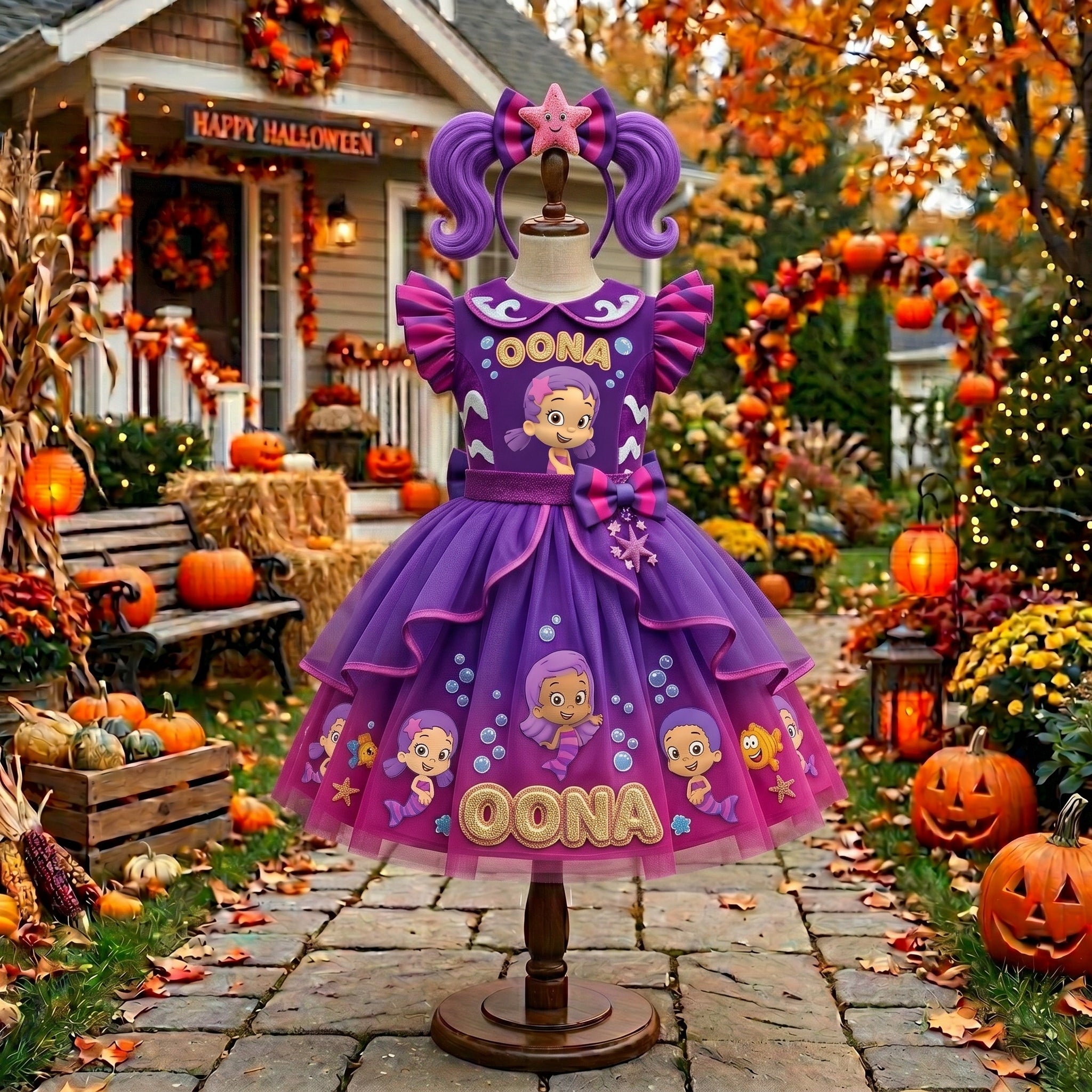 Bubble Guppies Oona Girls' Deluxe Sparkle Tutu Party Costume Dress Set with Matching Headband Halloween Birthday Pageant