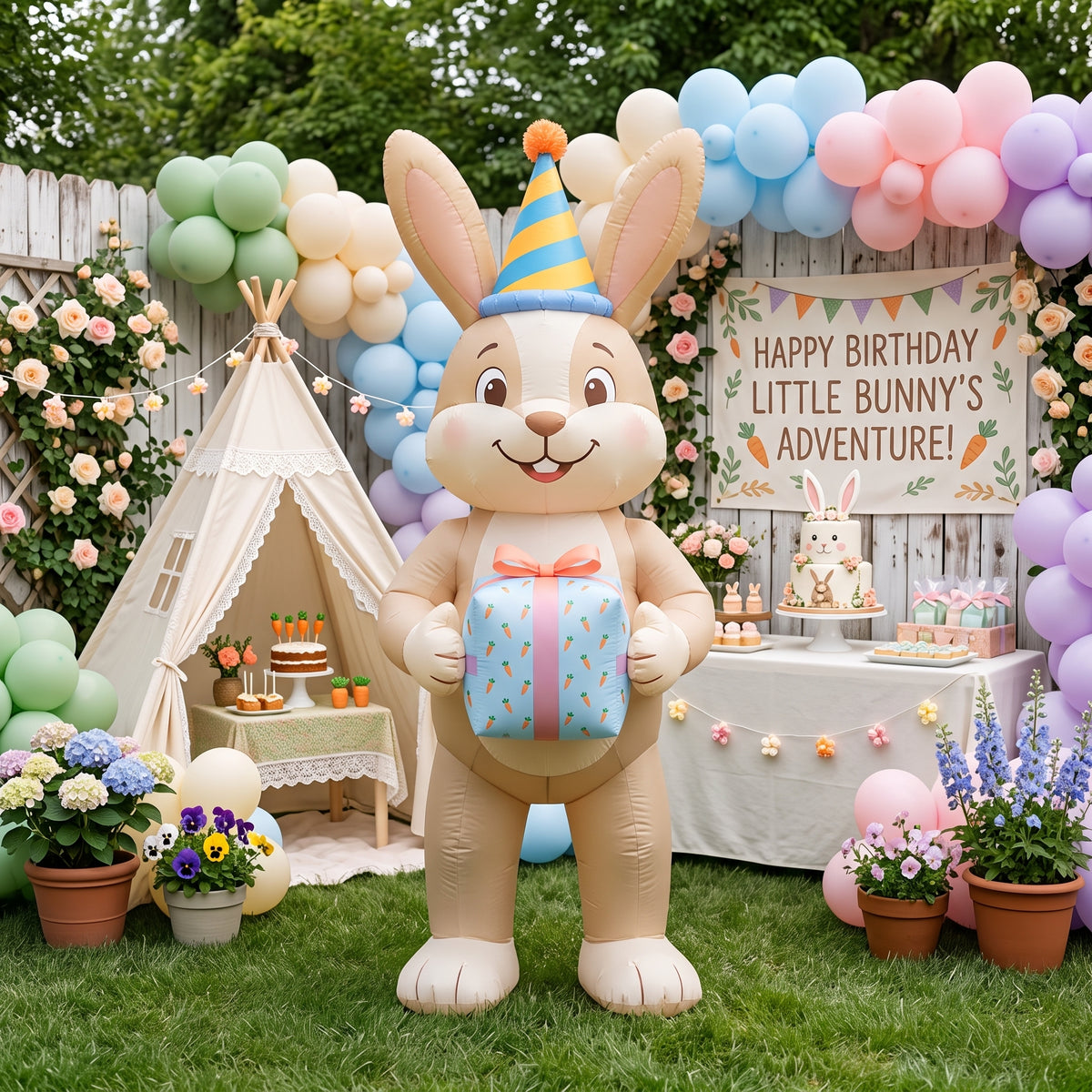5' Garden Bunny with Birthday Hat and Present Yard Birthday Inflatable Blow Up Decor Prop