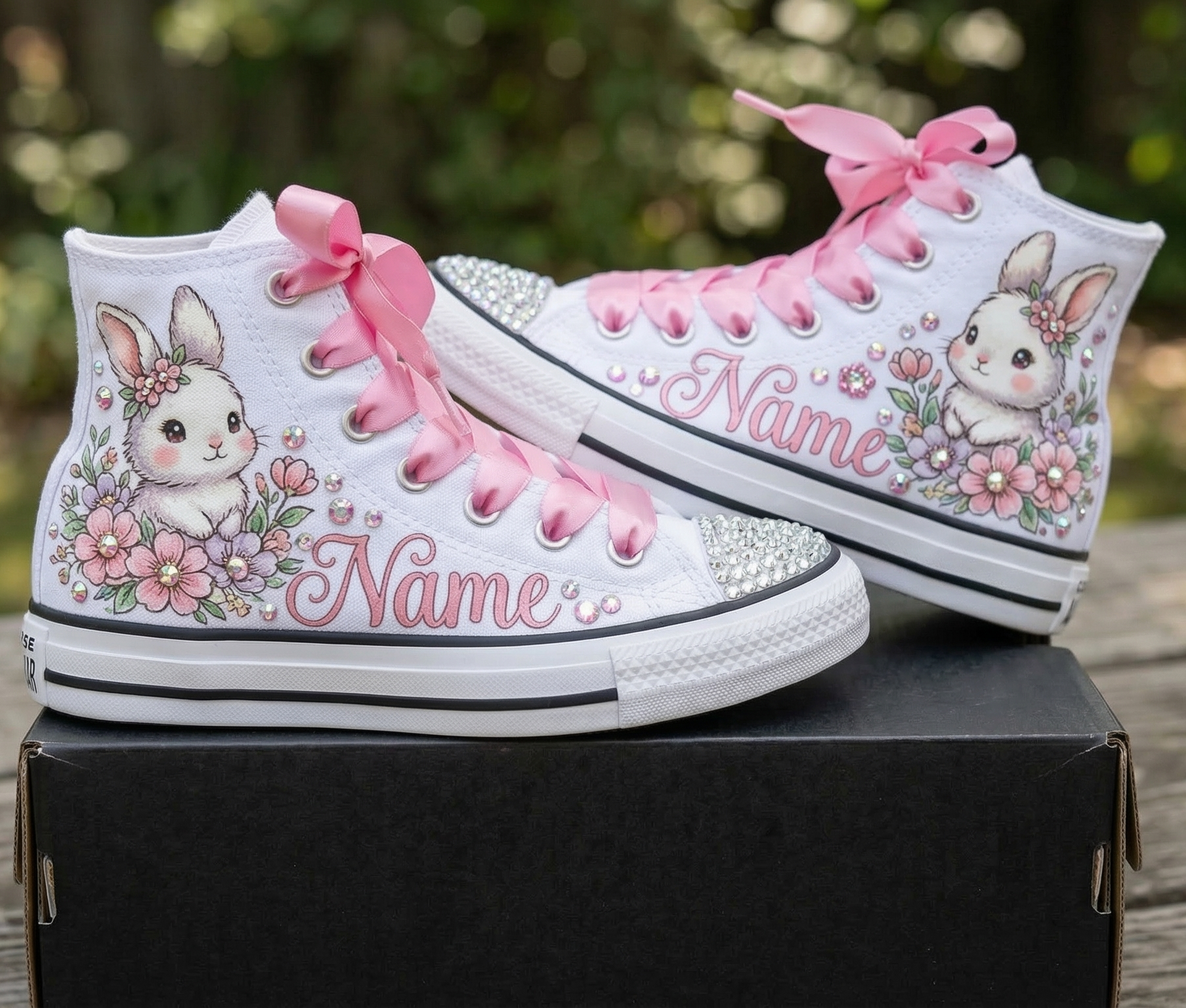 Custom Cute Bunny High-Top Sneakers Shoes Personalized with Name, Ribbon Laces & Rhinestones Birthday Parties Everyday Gift