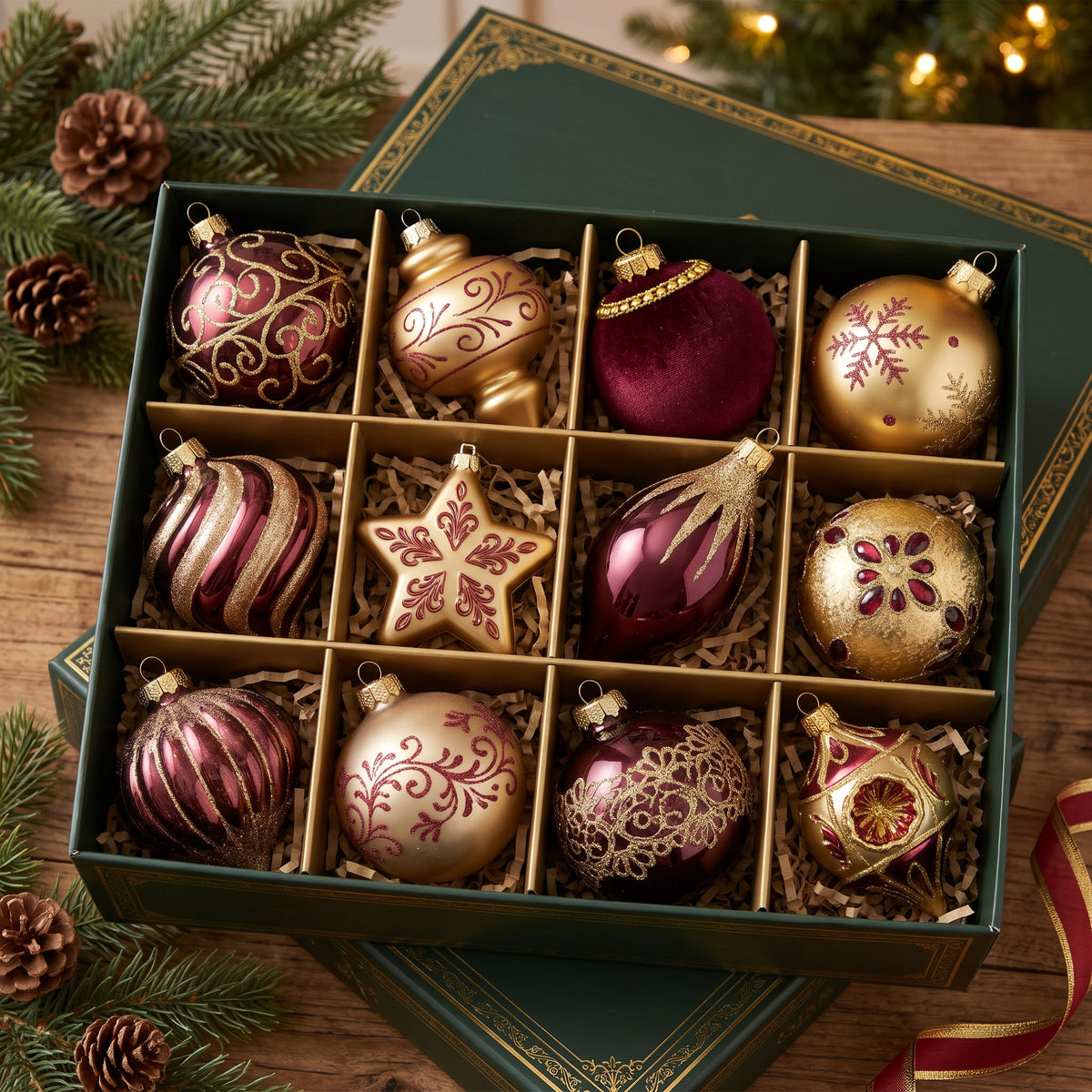 12-Piece Assorted Burgundy and Gold Luxury Shatterproof Holiday Ornament Set Christmas Decor