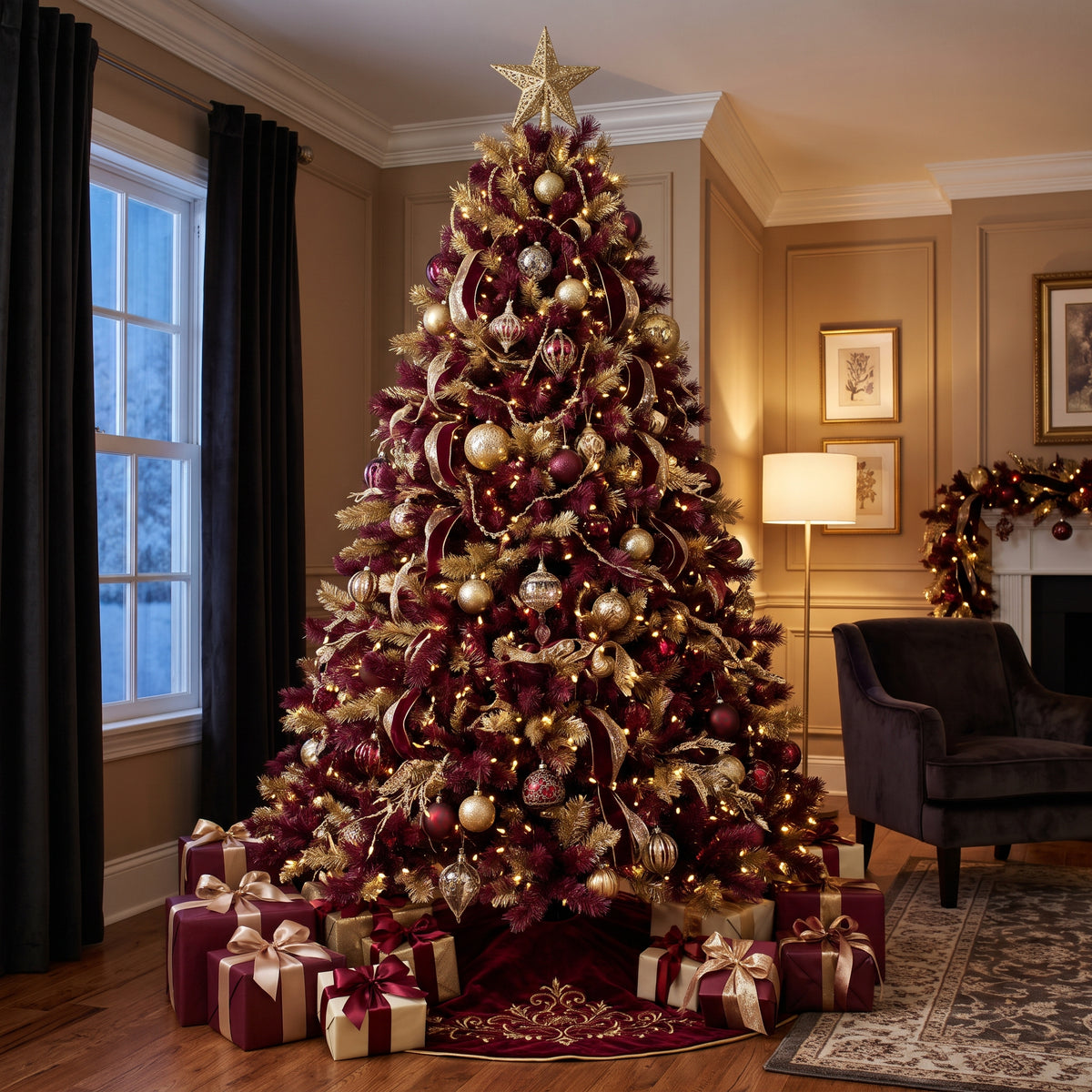 7-Foot Pre-Lit Two-Tone Burgundy and Gold Metallic Artificial Christmas Tree Life Size Christmas Decor