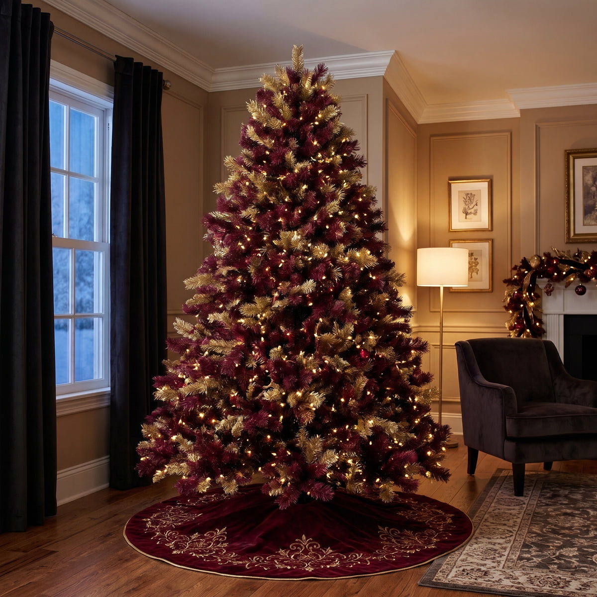 7-Foot Pre-Lit Two-Tone Burgundy and Gold Metallic Artificial Christmas Tree Life Size Christmas Decor
