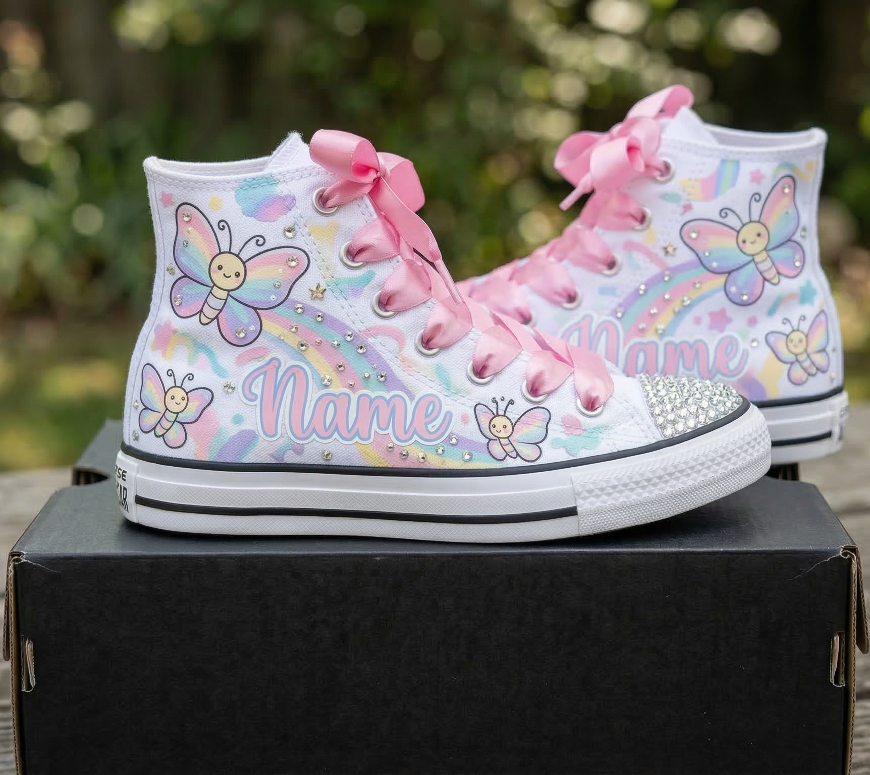 Custom Butterflies High-Top Sneakers Shoes Personalized with Name, Ribbon Laces & Rhinestones Birthday Parties Everyday Gift