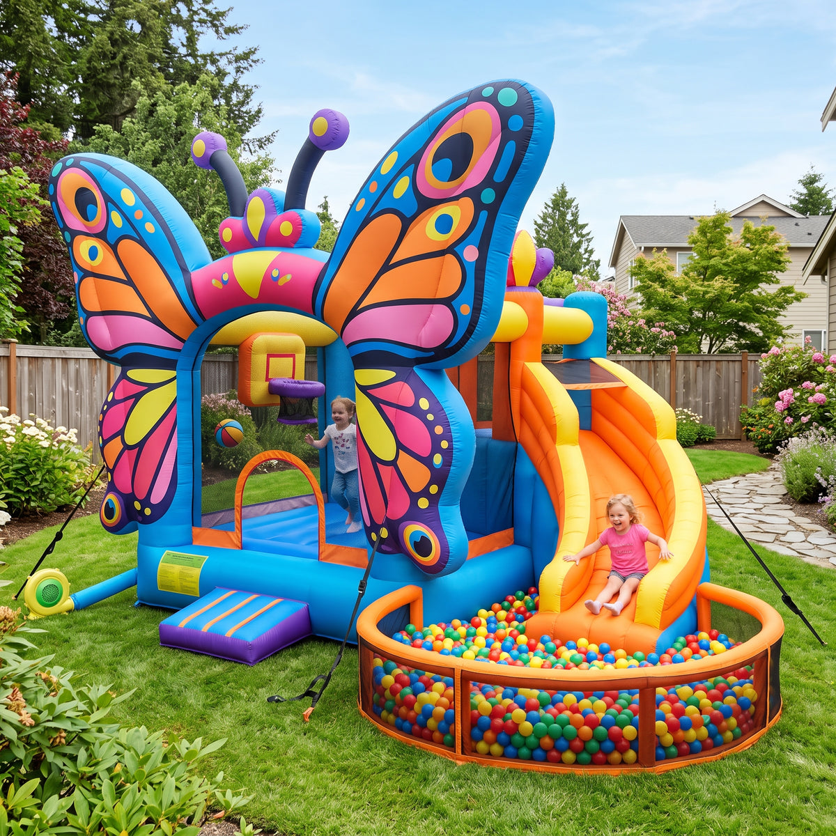 Play Bounce House Jumping Playhouse area with Slide and Ball Pit Butterfly Castle Theme