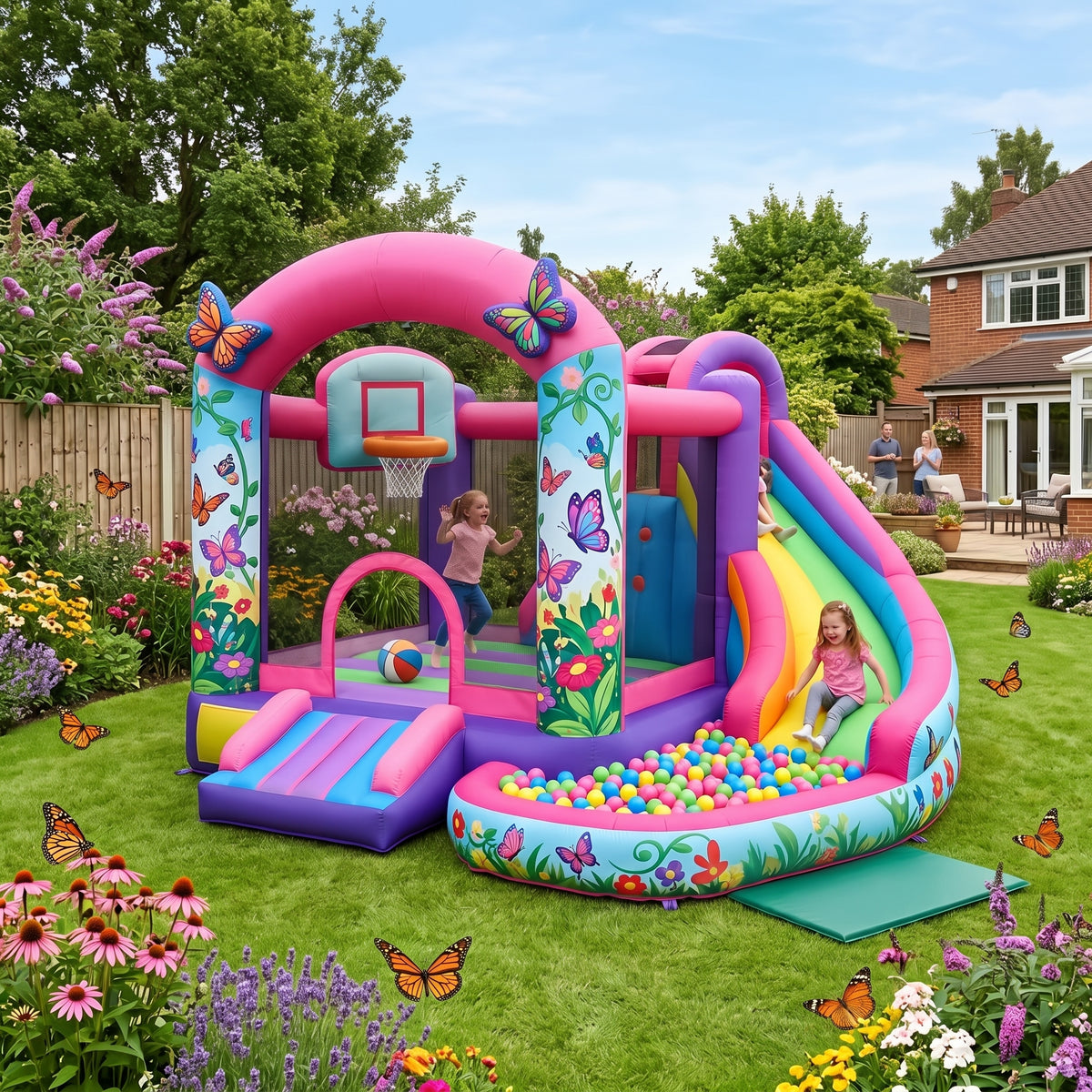 Play Bounce House Jumping Playhouse area with Slide and Ball Pit Butterfly Garden Castle Theme