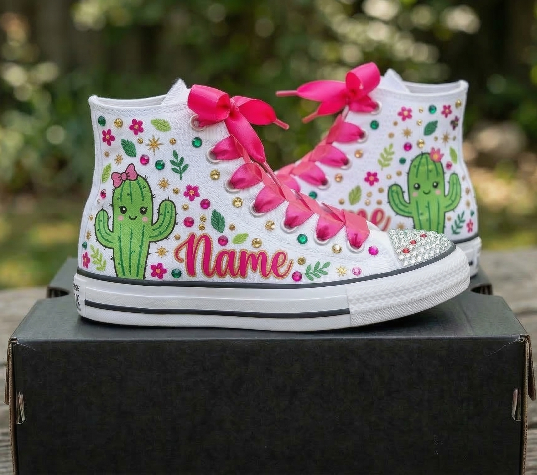 Custom Cactus High-Top Sneakers Shoes Personalized with Name, Ribbon Laces & Rhinestones Birthday Parties Everyday Gift