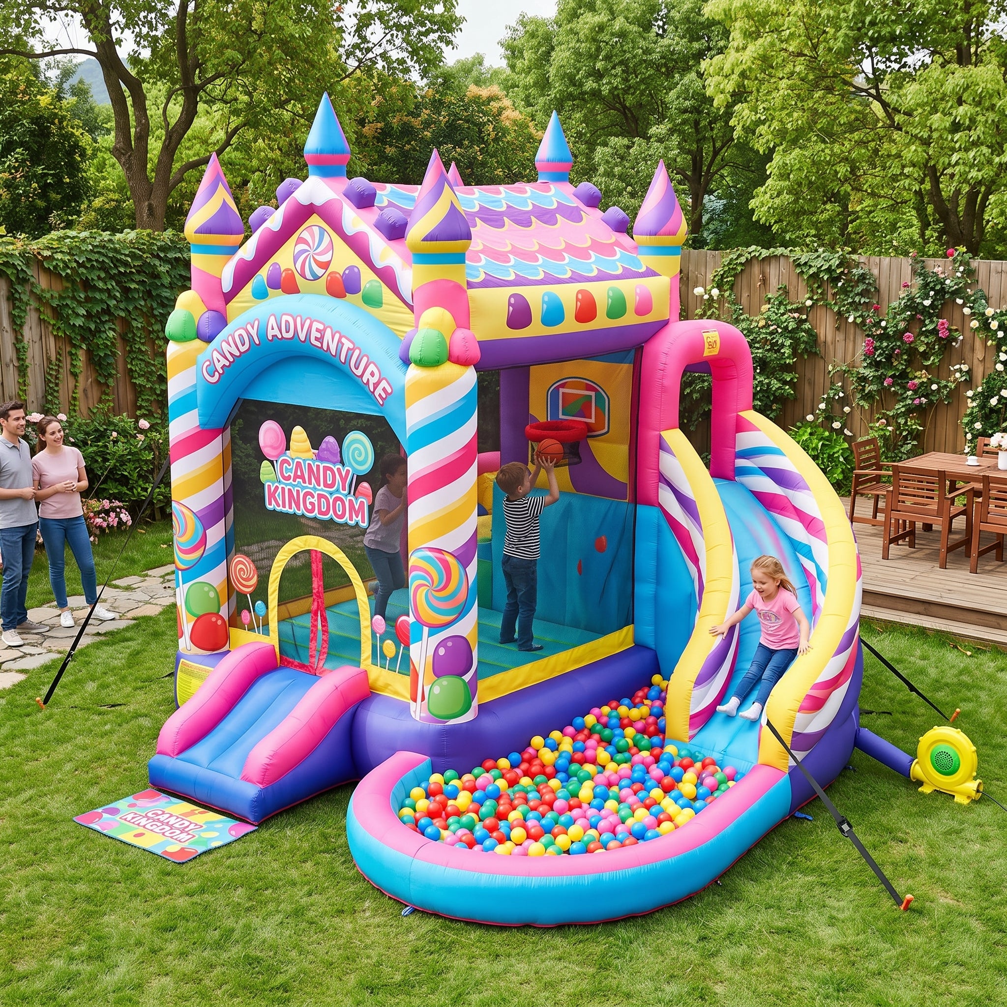 Play Bounce House Jumping Playhouse area with Slide and Ball Pit Candy Treats Theme