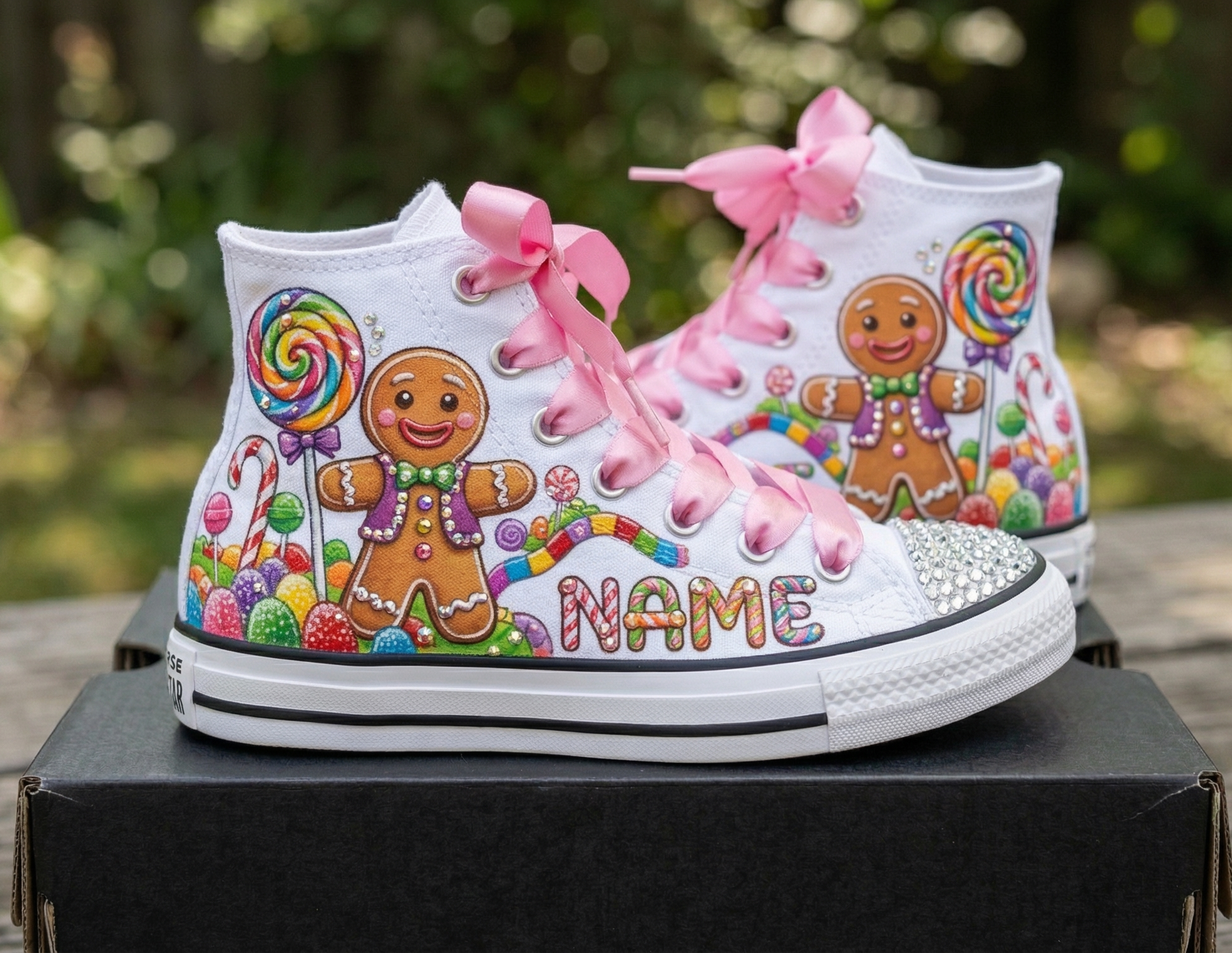 Custom Candyland High-Top Sneakers Shoes Personalized with Name, Ribbon Laces & Rhinestones Birthday Parties Everyday Gift