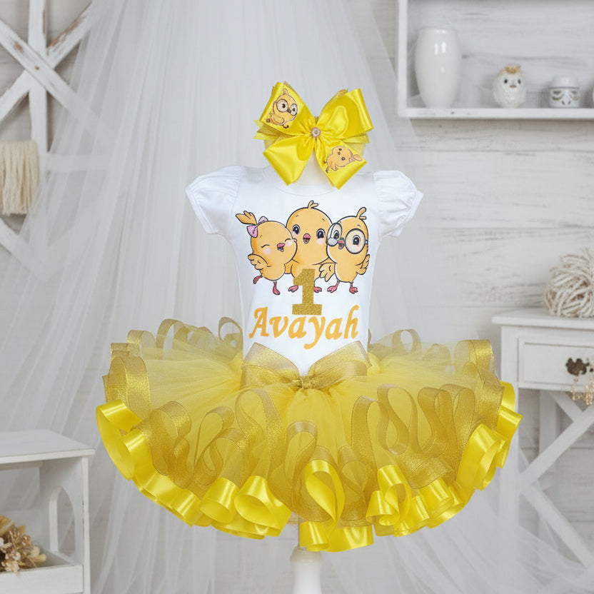 Canticos Chicks Tutu Set Girls Personalized Custom Yellow Ribbon Sewn Trim Tutu Outfit Dress Theme Cake Smash Birthday Party