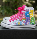 Custom Care Bears Unlock the Magic High-Top Sneakers Shoes Personalized with Name, Ribbon Laces & Rhinestones Birthday Parties Everyday Gift