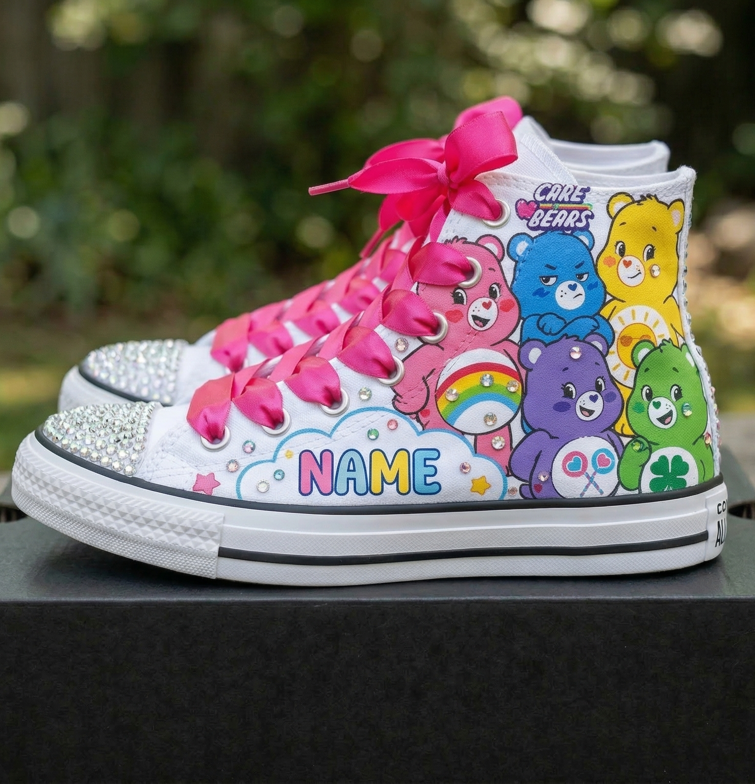 Custom Care Bears Unlock the Magic High-Top Sneakers Shoes Personalized with Name, Ribbon Laces & Rhinestones Birthday Parties Everyday Gift
