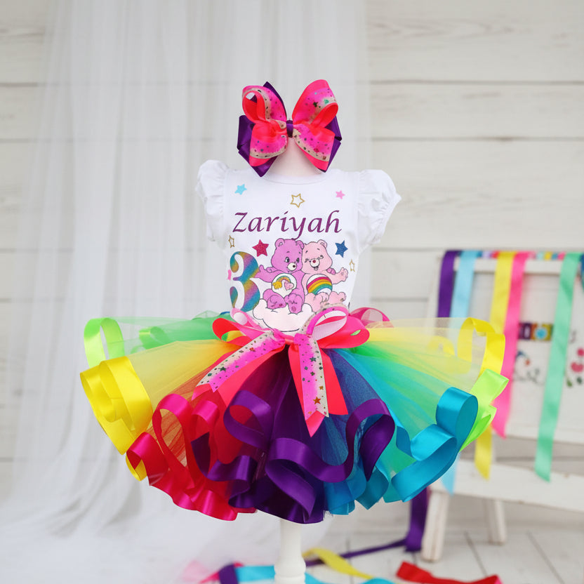 Care Bears Cheer Share Tutu Set Girls Personalized Custom Rainbow Ribbon Sewn Trim Tutu Outfit Dress Theme Cake Smash Birthday Party