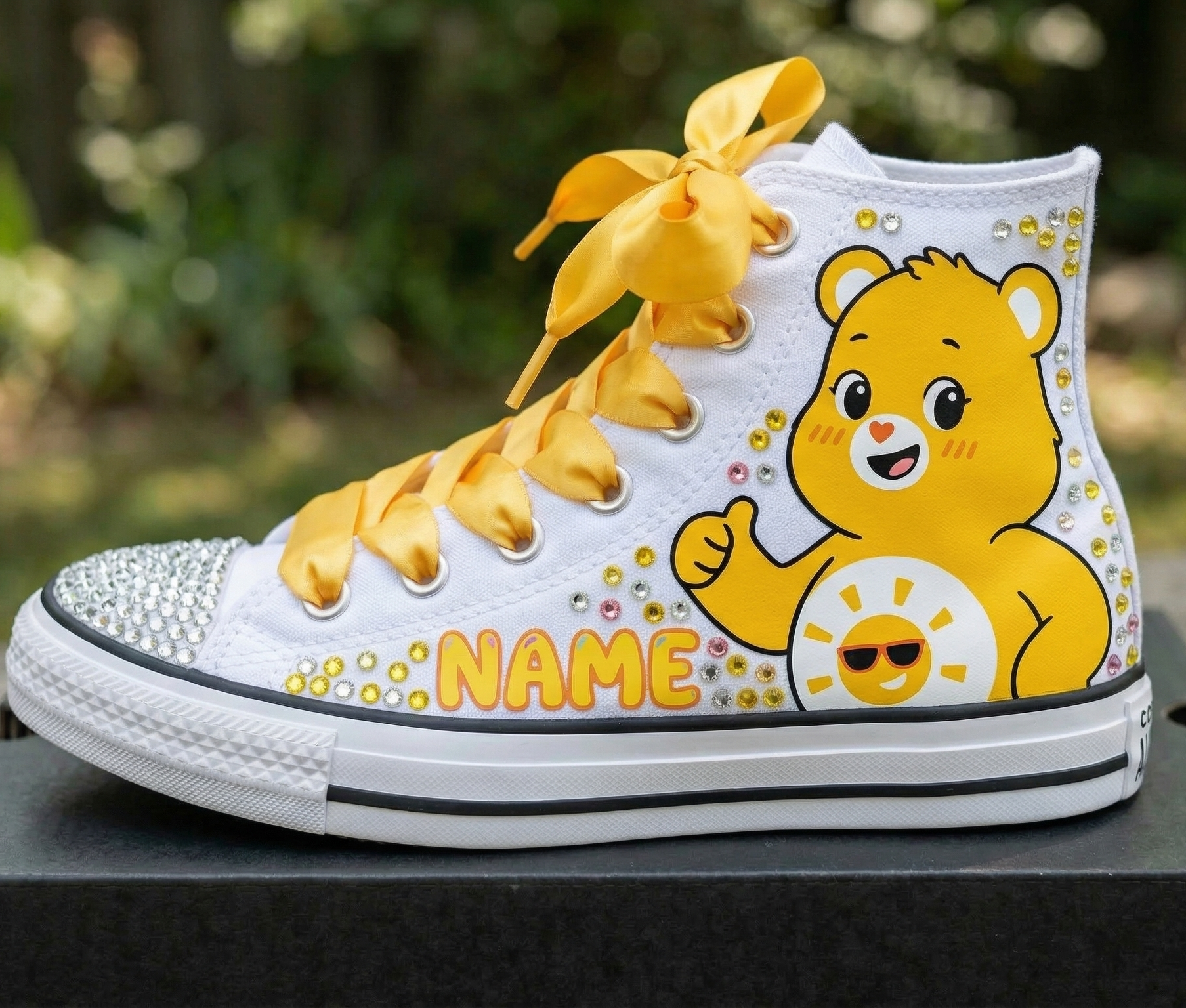 Custom Care Bears Unlock the Magic Funshine High-Top Sneakers Shoes Personalized with Name, Ribbon Laces & Rhinestones Birthday Parties Everyday Gift