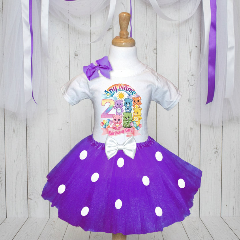 Care Bears Tutu Set Girls Personalized Custom Purple White Polka Dots Tutu Outfit Dress Theme Cake Smash Birthday Party