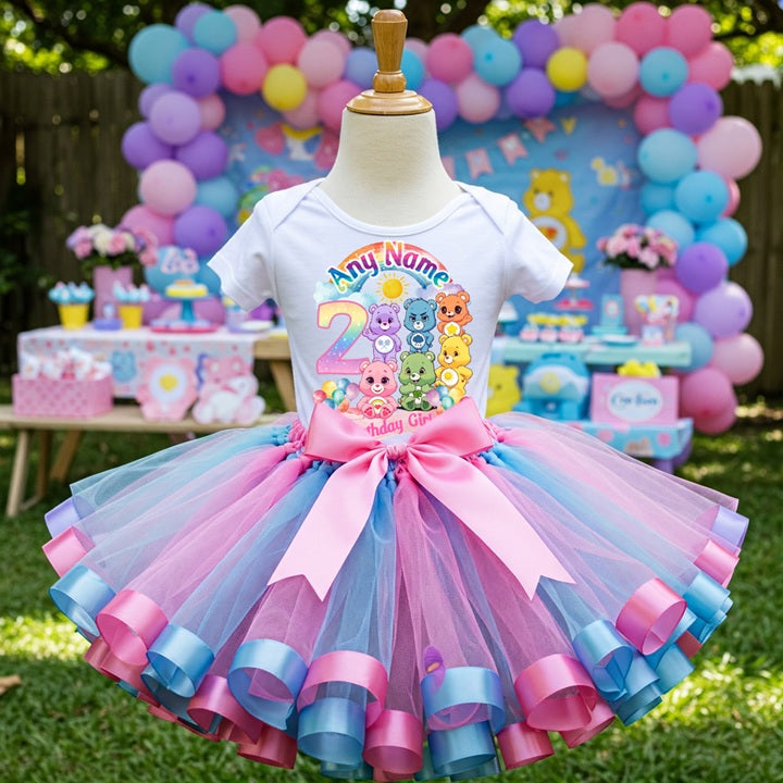 Care Bears Tutu Set Girls Personalized Custom Pink Blue Ribbon Sewn Trim Tutu Outfit Dress Theme Cake Smash Birthday Party