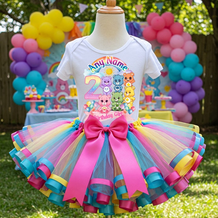Care Bears Tutu Set Girls Personalized Custom Multicolor Ribbon Sewn Trim Tutu Outfit Dress Theme Cake Smash Birthday Party