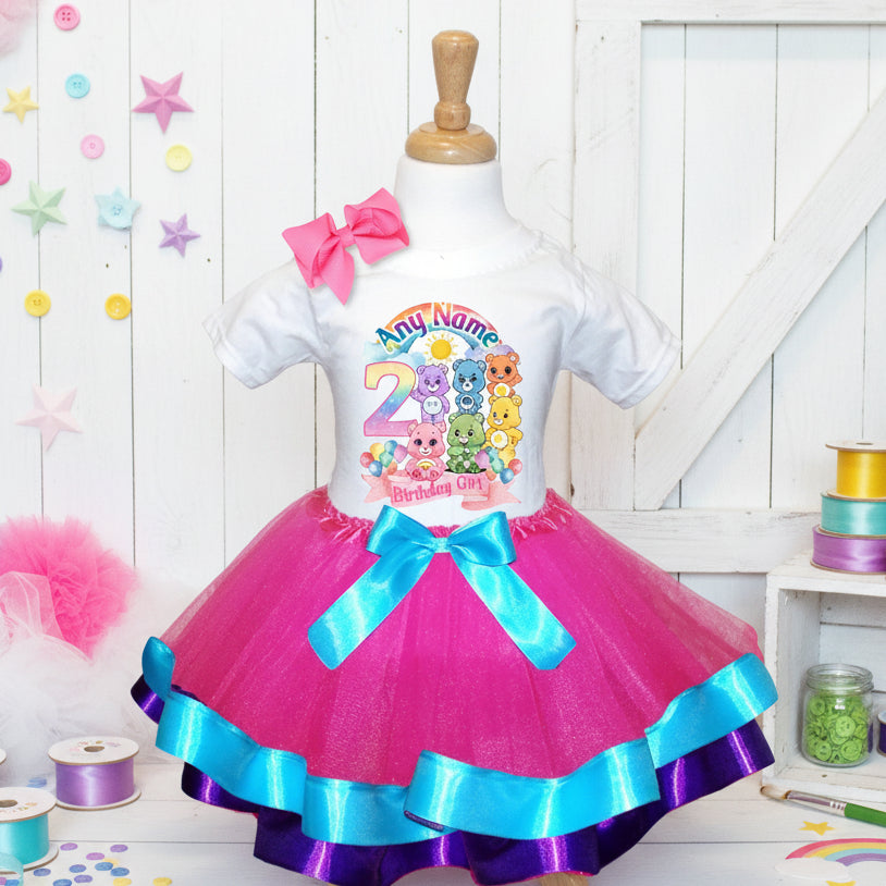Care Bears Tutu Set Girls Personalized Custom Hot Pink Blue Purple Ribbon Trim Tutu Outfit Dress Theme Cake Smash Birthday Party