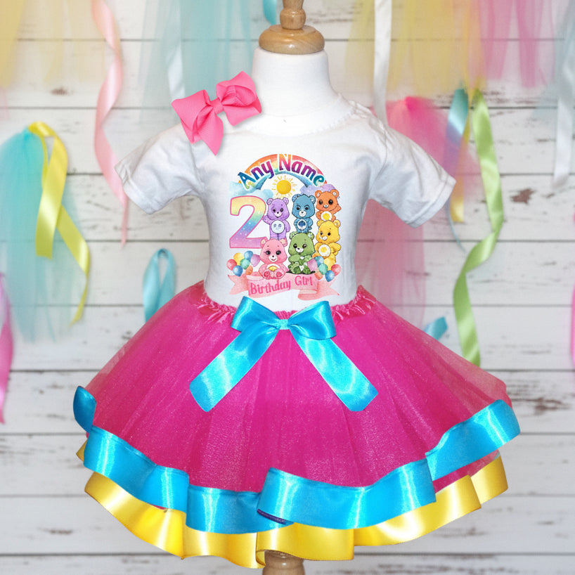 Care Bears Tutu Set Girls Personalized Custom Hot Pink Blue Yellow Ribbon Trim Tutu Outfit Dress Theme Cake Smash Birthday Party