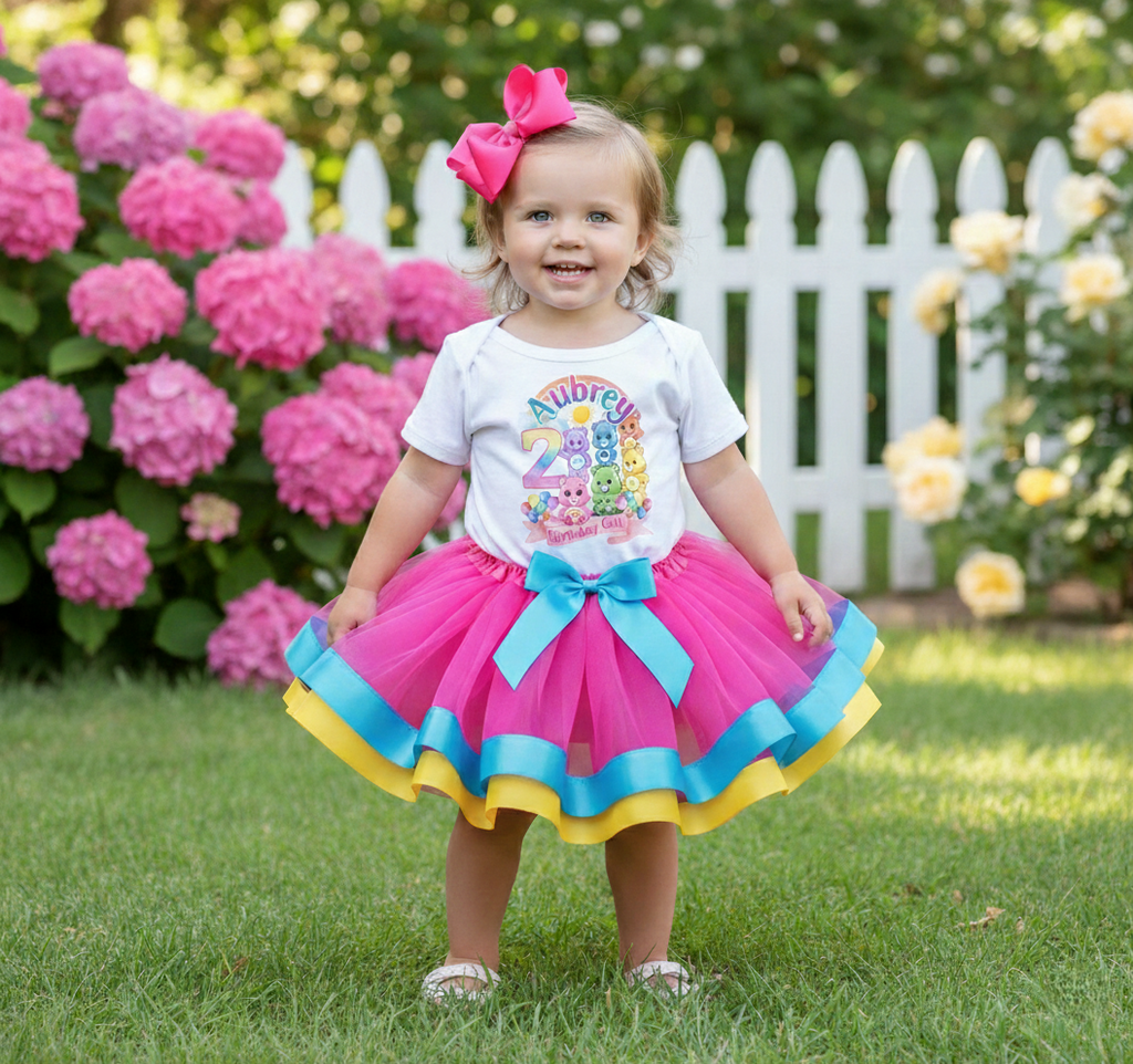 Care Bears Tutu Set Girls Personalized Custom Hot Pink Blue Yellow Ribbon Trim Tutu Outfit Dress Theme Cake Smash Birthday Party