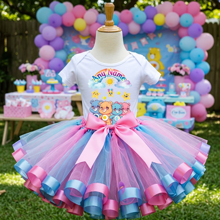 Care Bears Tutu Set Girls Personalized Custom Pink Blue Ribbon Sewn Trim Tutu Outfit Dress Theme Cake Smash Party