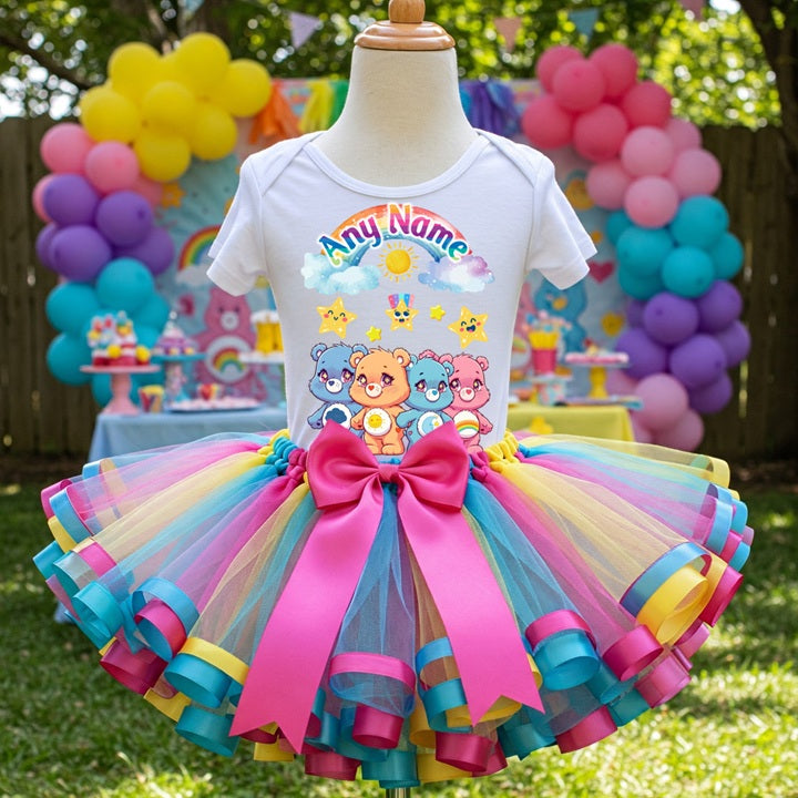 Care Bears Tutu Set Girls Personalized Custom Multicolor Ribbon Sewn Trim Tutu Outfit Dress Theme Cake Smash Party