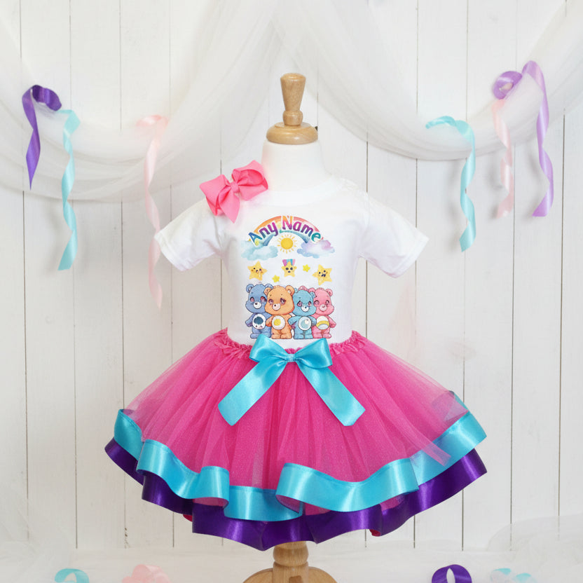 Care Bears Tutu Set Girls Personalized Custom Hot Pink Blue Purple Ribbon Trim Tutu Outfit Dress Theme Cake Smash Party