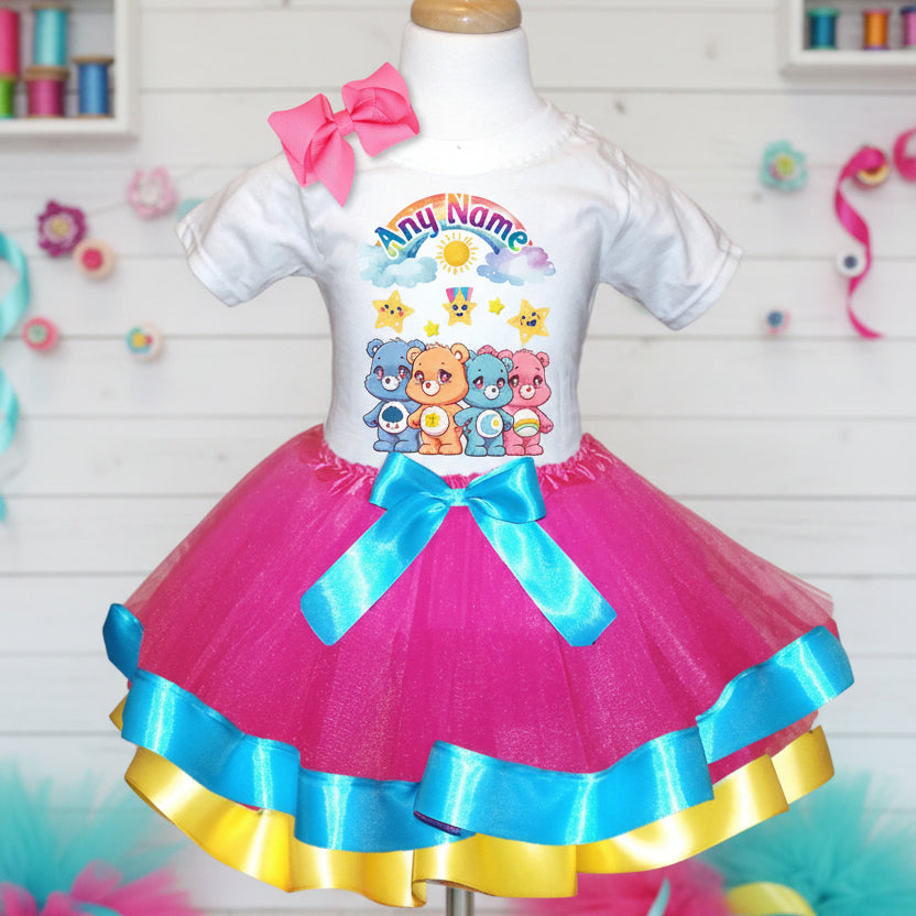 Care Bears Tutu Set Girls Personalized Custom Hot Pink Blue Yellow Ribbon Trim Tutu Outfit Dress Theme Cake Smash Party