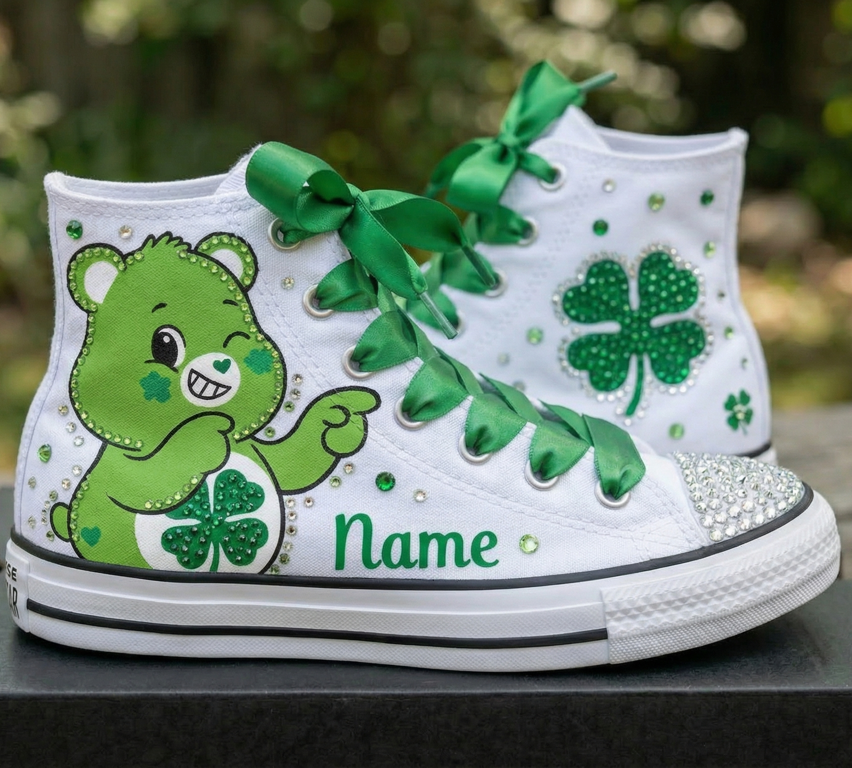 Custom Care Bears Unlock the Magic Good Luck High-Top Sneakers Shoes Personalized with Name, Ribbon Laces & Rhinestones Birthday Parties Everyday Gift
