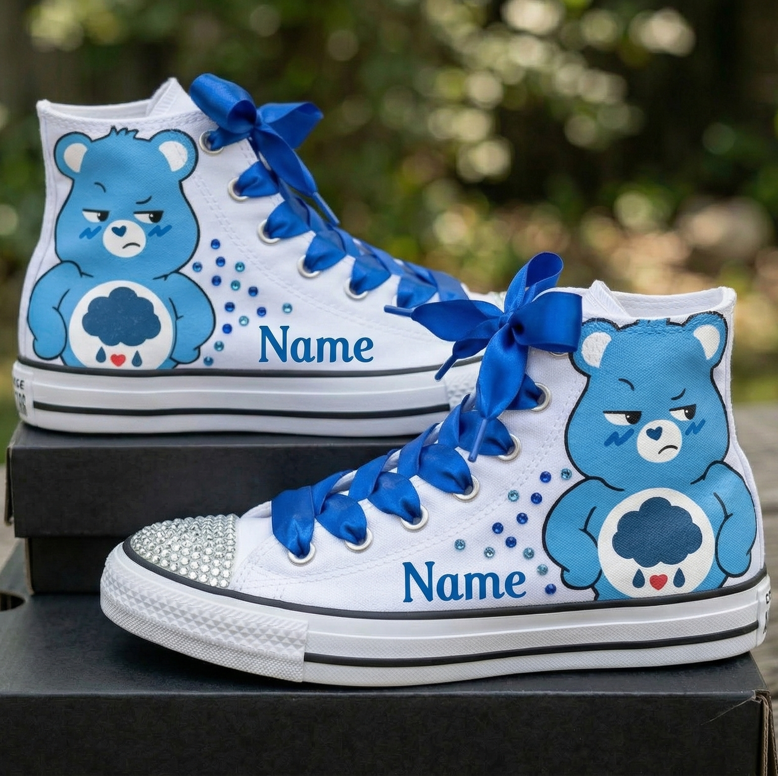 Custom Care Bears Unlock the Magic Grumpy High-Top Sneakers Shoes Personalized with Name, Ribbon Laces & Rhinestones Birthday Parties Everyday Gift