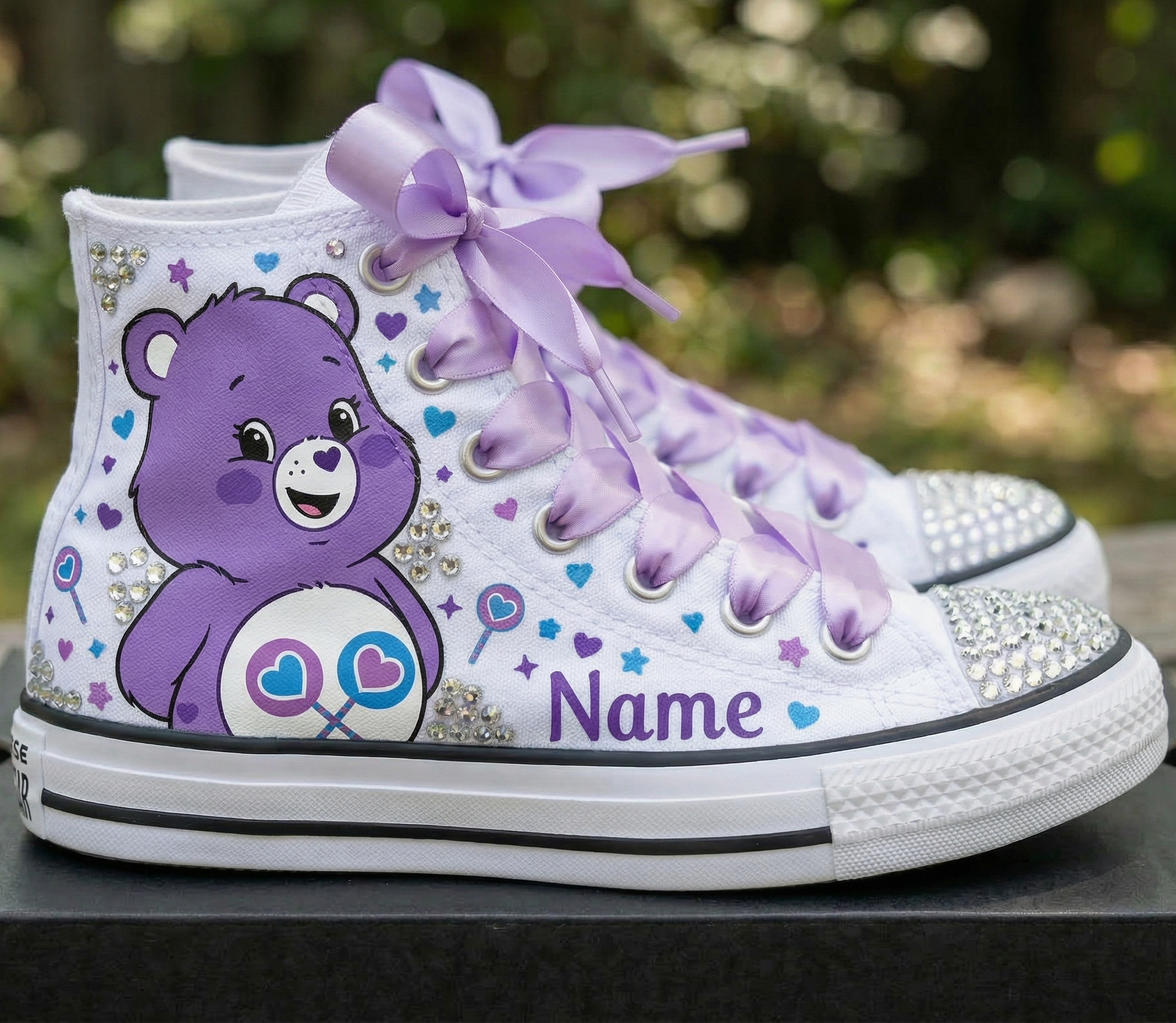 Custom Care Bears Unlock the Magic Share High-Top Sneakers Shoes Personalized with Name, Ribbon Laces & Rhinestones Birthday Parties Everyday Gift