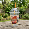 (Pack of 6) Cars McQueen Custom Personalized Birthday Party 16 oz Cups with Dome Lids & Straws