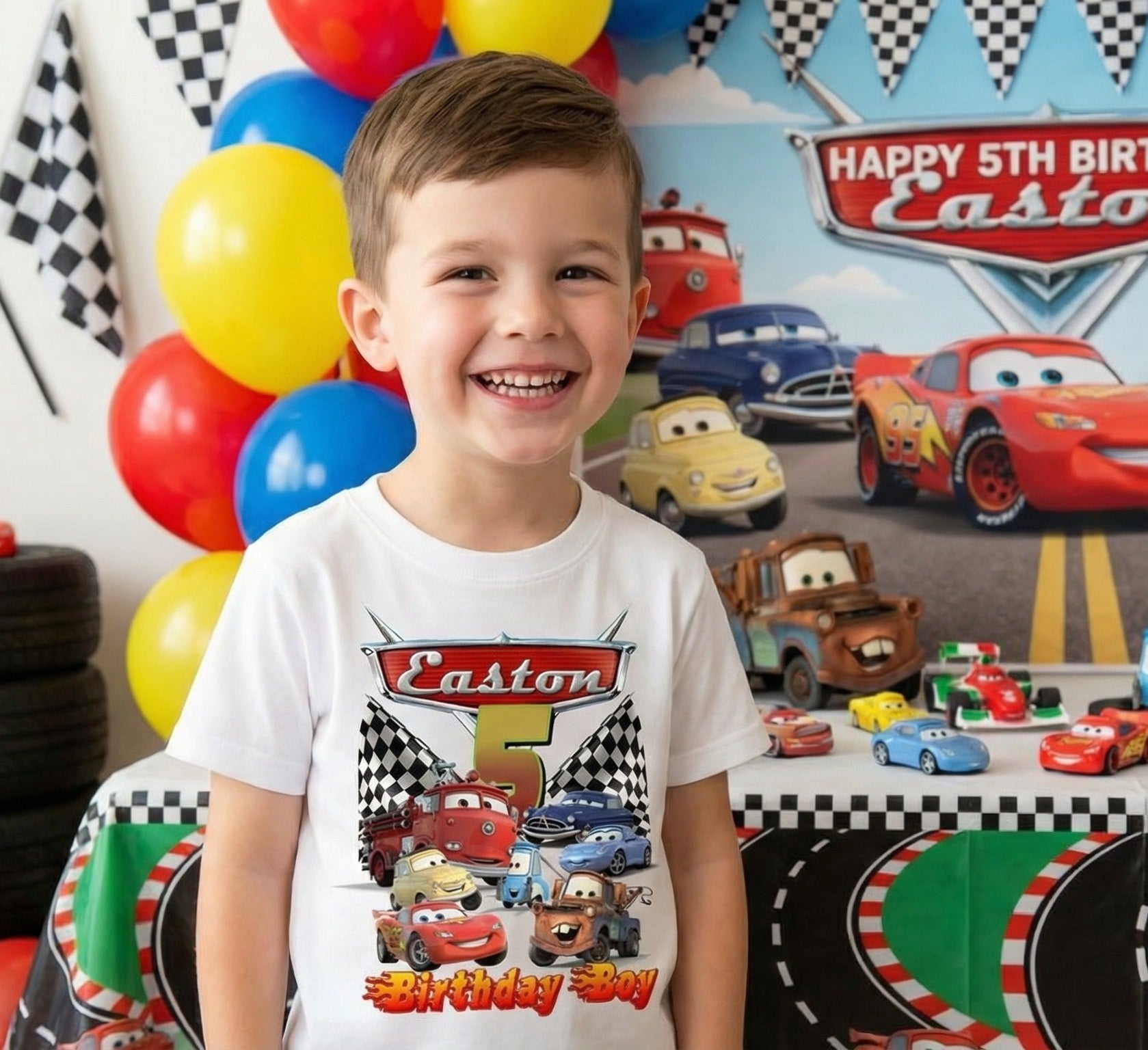 Cars Group Personalized Custom White T-Shirt or Onesie Theme Cake Smash Birthday Party
