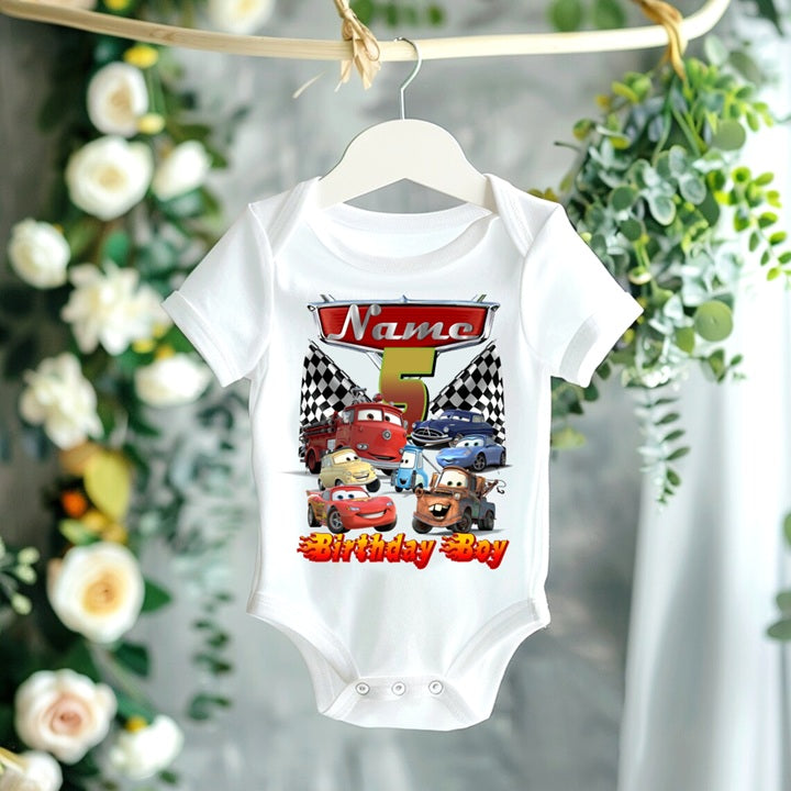 Cars Group Personalized Custom White T-Shirt or Onesie Theme Cake Smash Birthday Party