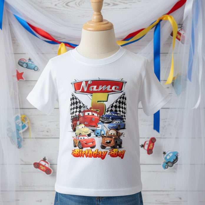 Cars Group Personalized Custom White T-Shirt or Onesie Theme Cake Smash Birthday Party
