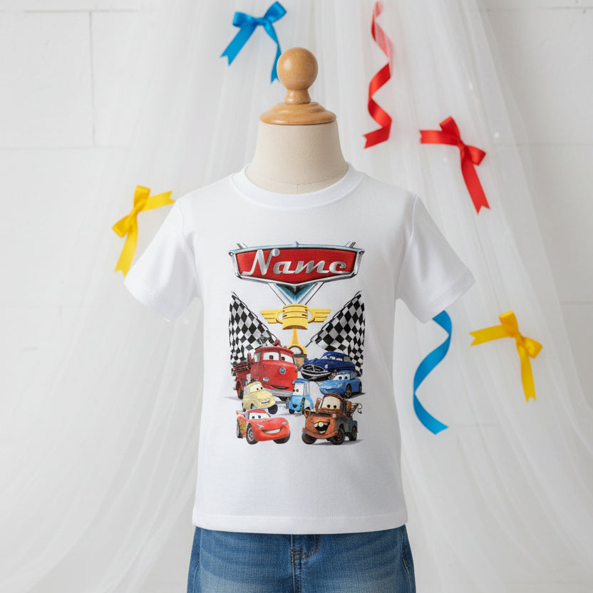 Cars Group Personalized Custom White T-Shirt or Onesie Theme Cake Smash Party