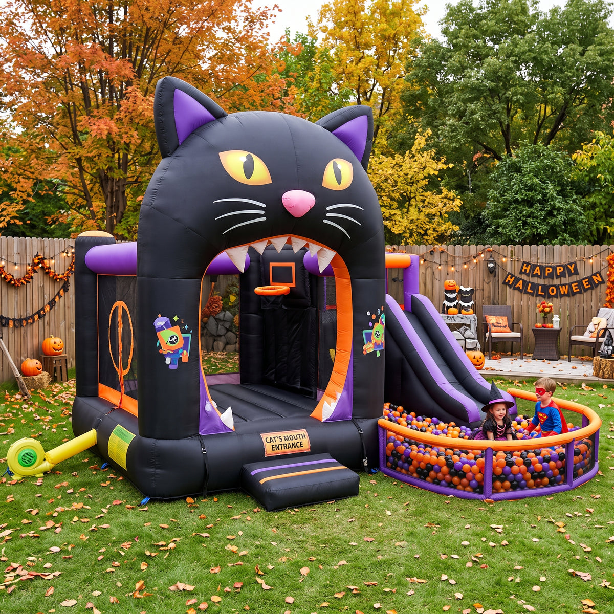 Play Bounce House Jumping Playhouse area with Slide and Ball Pit Halloween Black Kitty Cat's Head Castle Theme
