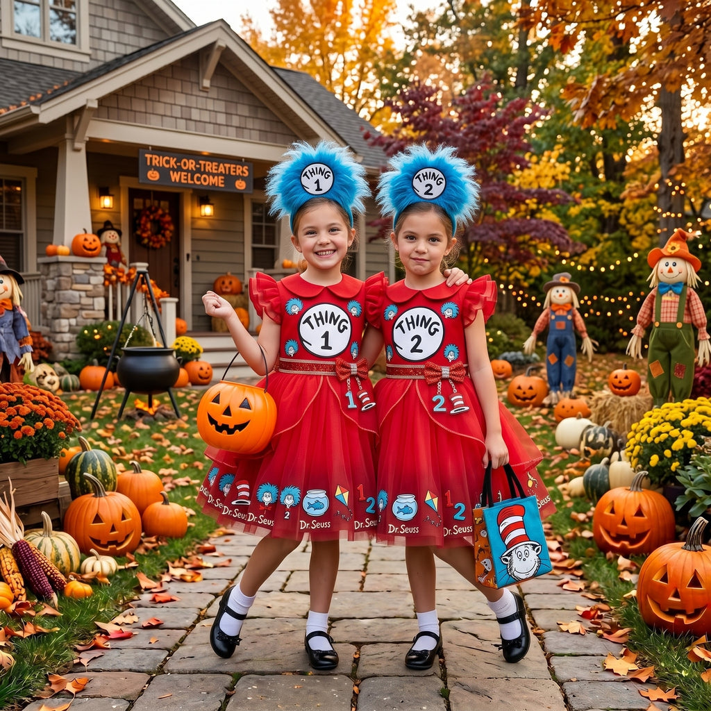 Thing 2 Dr Seuss Girls' Deluxe Sparkle Tutu Party Costume Dress Set with Matching Headband Halloween Birthday Pageant