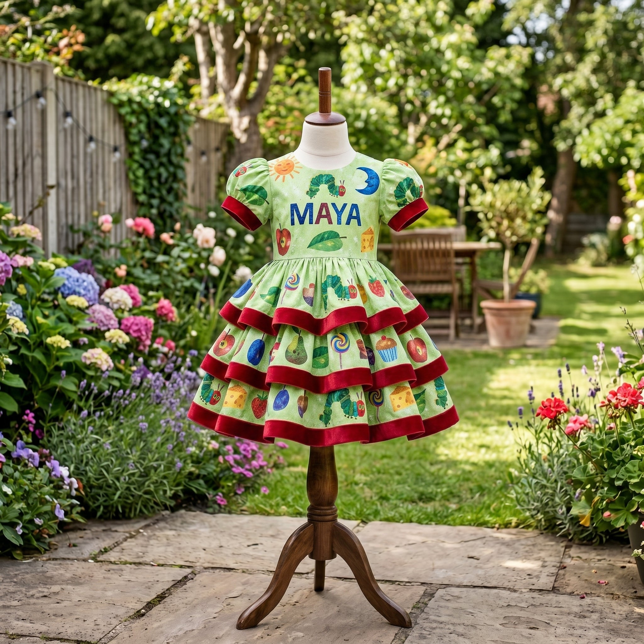 Very Hungry Caterpillar Girls Personalized Custom Tiered Ruffle Dress Ribbon Trim Theme Cake Smash Birthday Party
