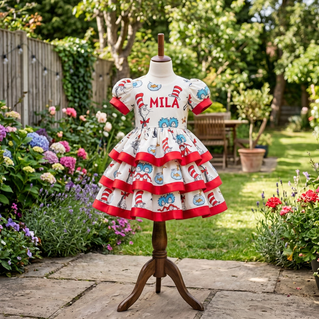 Cat in The Hat Girls Personalized Custom Tiered Ruffle Dress Ribbon Trim Theme Cake Smash Birthday Party