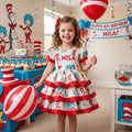 Cat in The Hat Girls Personalized Custom Tiered Ruffle Dress Ribbon Trim Theme Cake Smash Birthday Party