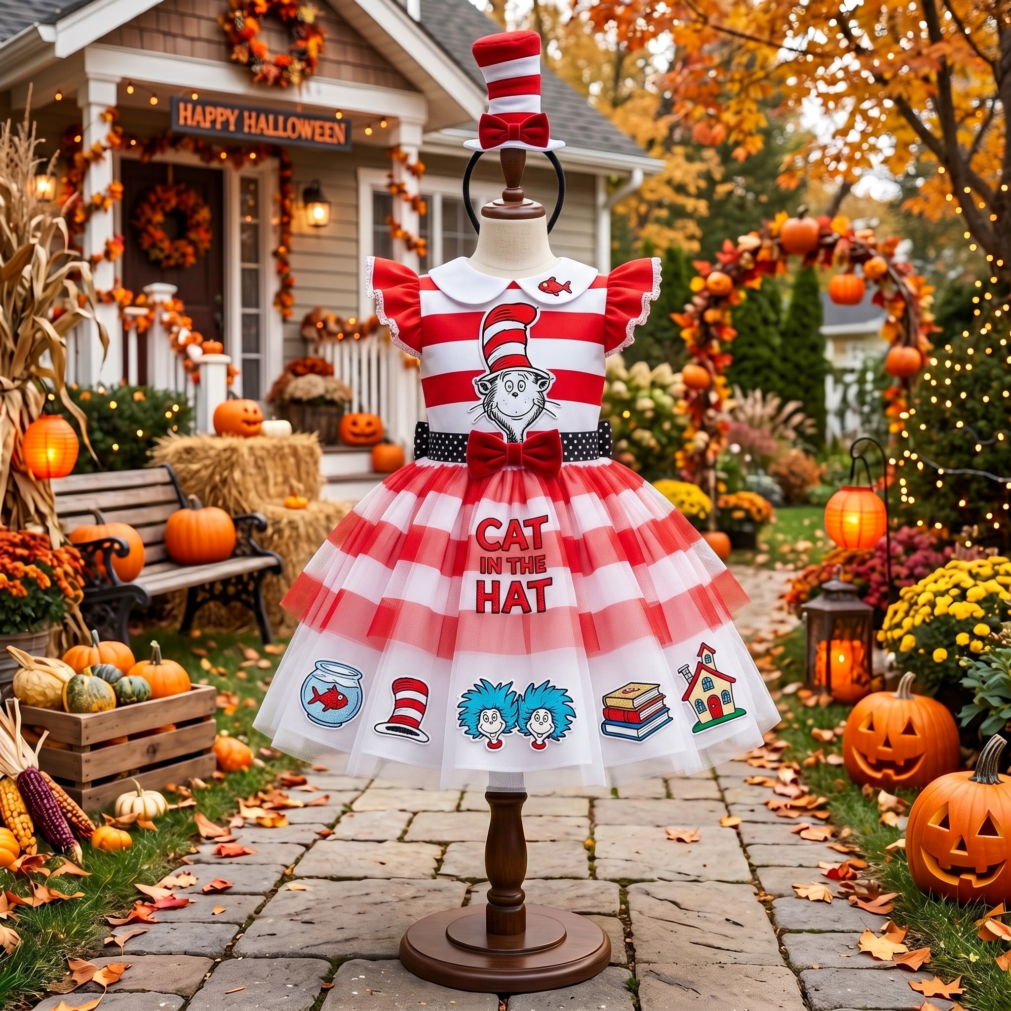 Cat in the Hat Girls' Deluxe Sparkle Tutu Party Costume Dress Set with Matching Headband Halloween Birthday Pageant