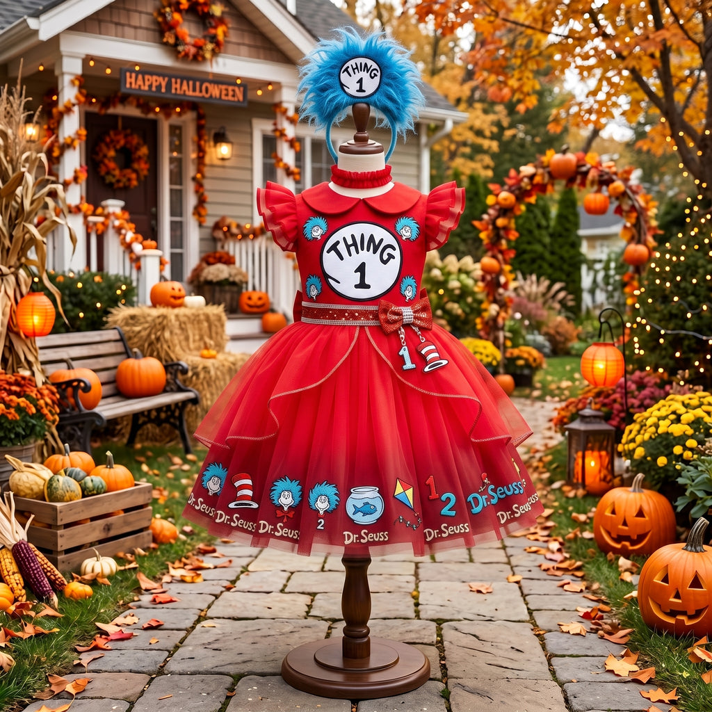 Thing 1 Dr Seuss Girls' Deluxe Sparkle Tutu Party Costume Dress Set with Matching Headband Halloween Birthday Pageant