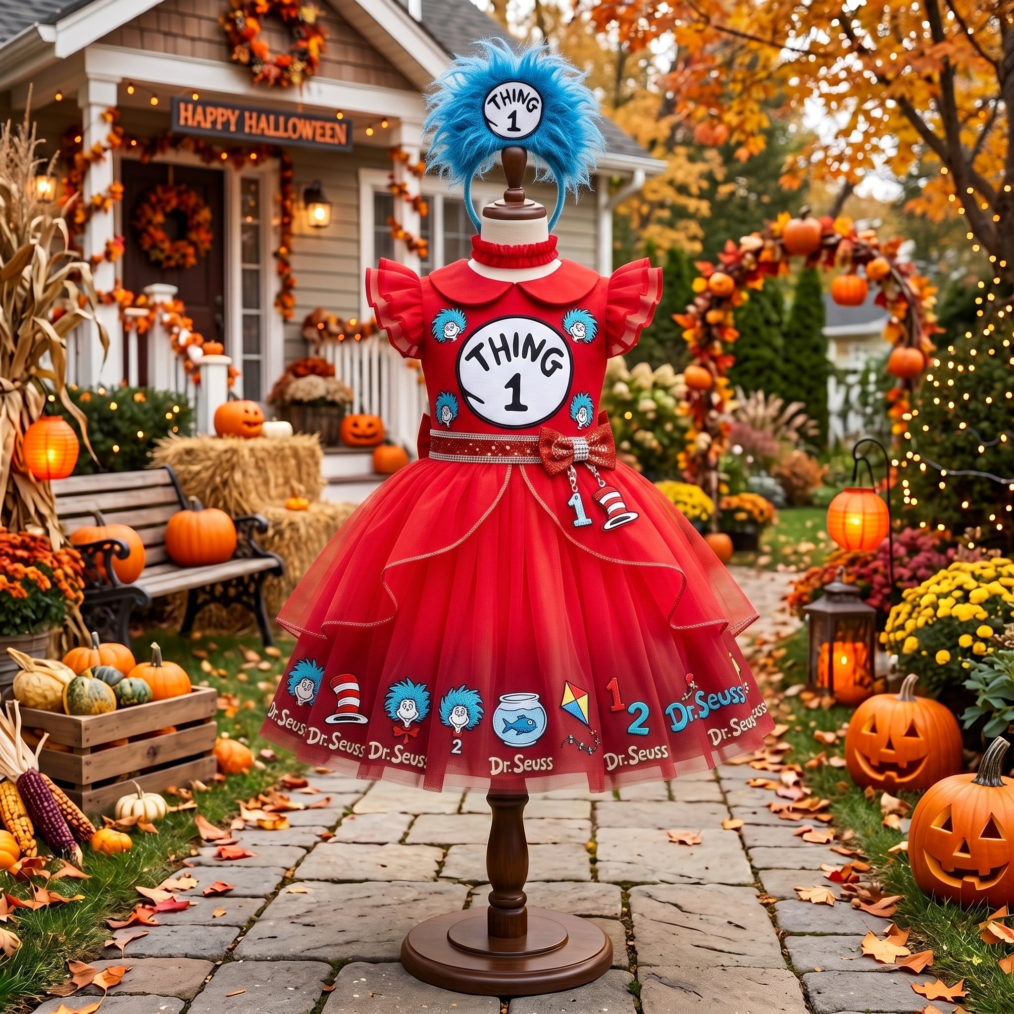 Thing 1 Dr Seuss Girls' Deluxe Sparkle Tutu Party Costume Dress Set with Matching Headband Halloween Birthday Pageant