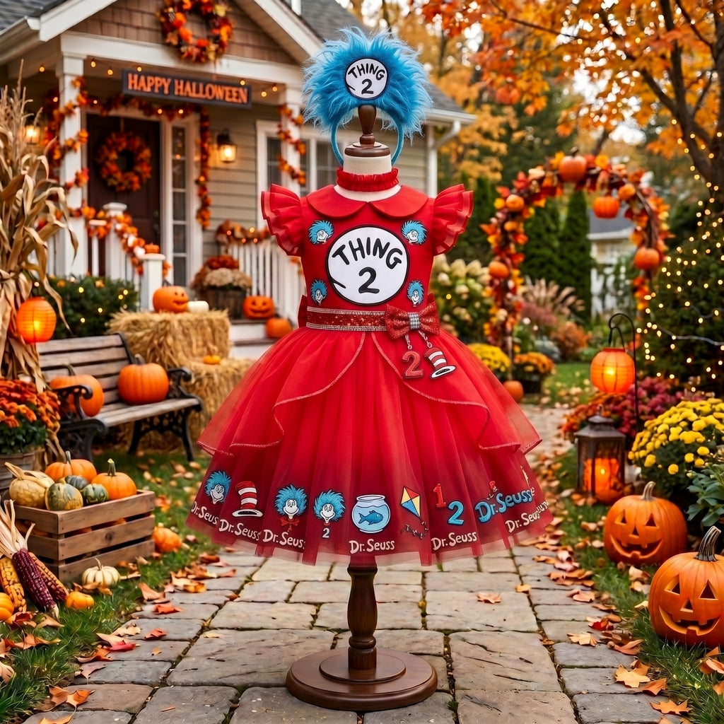 Thing 2 Dr Seuss Girls' Deluxe Sparkle Tutu Party Costume Dress Set with Matching Headband Halloween Birthday Pageant