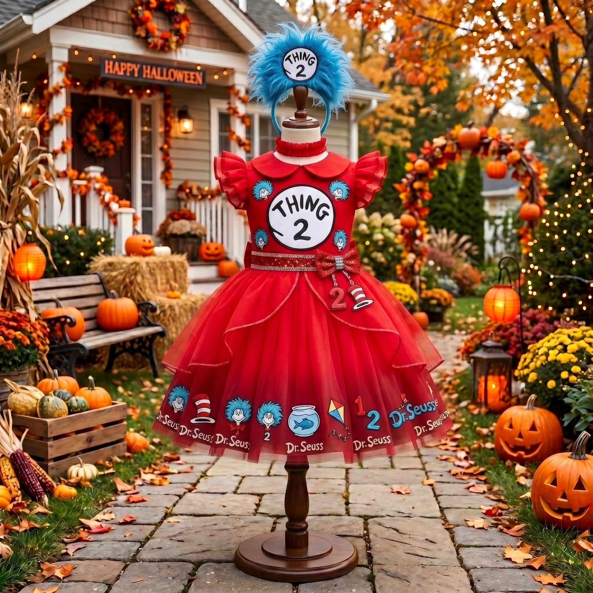 Thing 2 Dr Seuss Girls' Deluxe Sparkle Tutu Party Costume Dress Set with Matching Headband Halloween Birthday Pageant