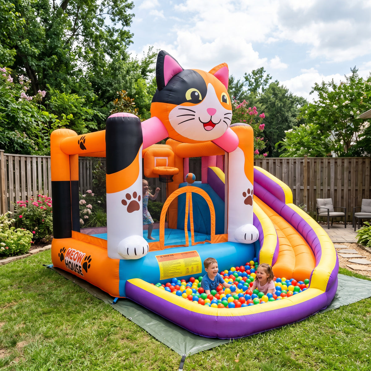Play Bounce House Jumping Playhouse area with Slide and Ball Pit Kitty Cat Theme